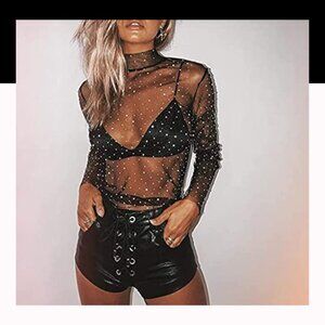 Black Sheer Mesh Glitter Top • Y2K Mock Neck Rhinestone Sexy Top